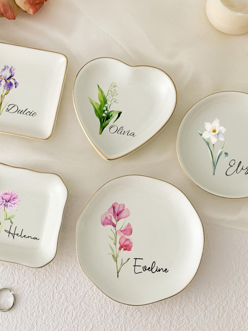 Personalised Birth Flower Trinket Dish/ Custom Watercolor Flower Ring Dish/ Christmas Gifts/ Wedding Bridesmaid Gift/ Birthday Jewelry Dish wedding flower