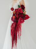 Red Rose & Amaranthus Wedding Bouquet,Bobo Flowers Bouquet,Artificial flowers,Dark Red Hanging Asymmetrical Preserved ,Rustic Bridal Bouquet wedding flower