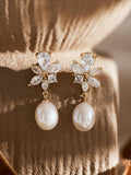 Dainty Diamond Flower Pearl Earrings, Freshwater Pearl Drop, Bridal Earrings, Wedding Jewelry, Bridesmaid Gift, Gift for Mom, Gifts for Mom wedding flower