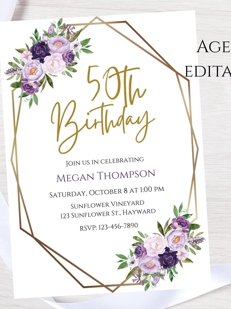 Purple flower Birthday invitation-lavender flower party invite-any age invite-instant download birthday flower