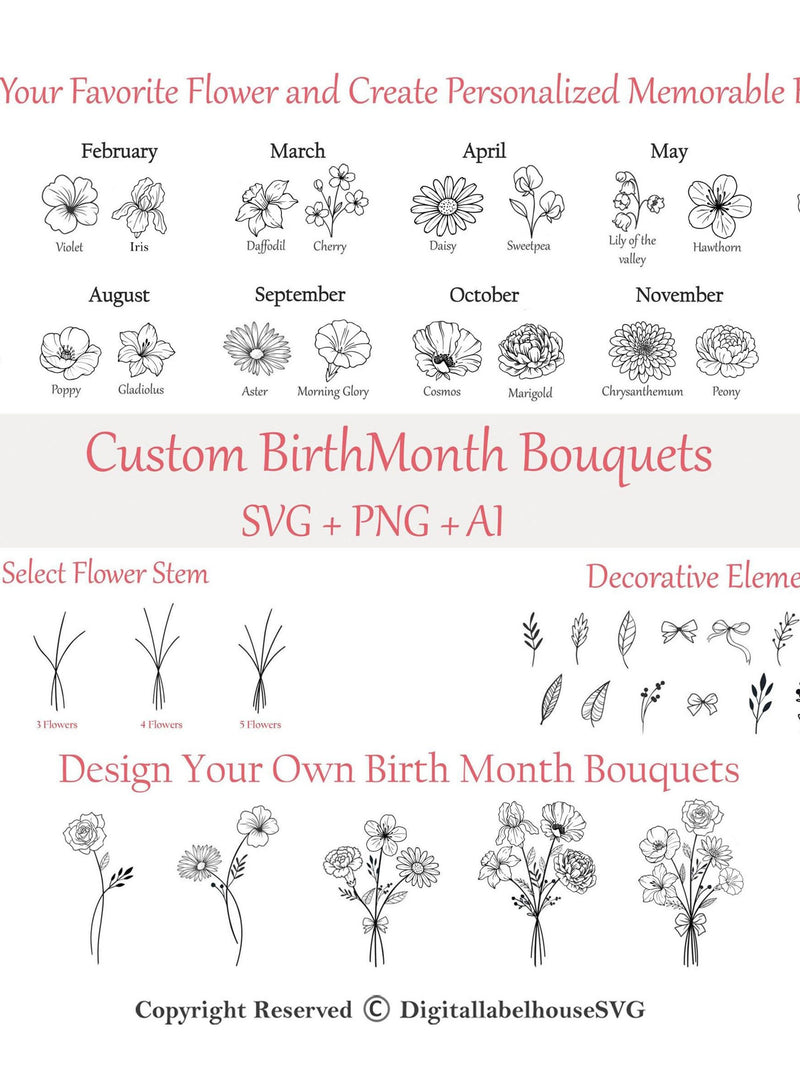 Birth Month Svg Bundle, Flower Svg, Floral svg, Botanical svg, Rose svg, Daisy svg, Poppy svg, Birthday svg, Custom Birth Flower,Tattoo svg birthday flower