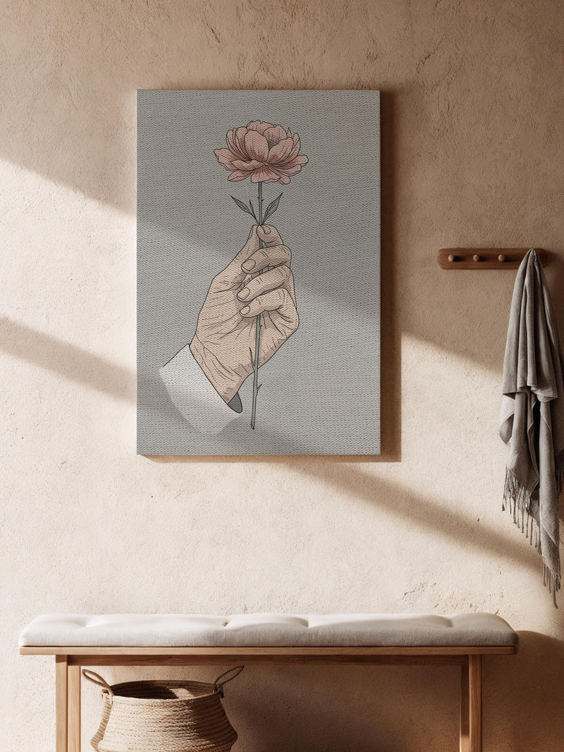 Hand Holding Peony Flower Canvas Art, Minimal Botanical Line Drawing, Romantic Figurative Wall Decor, Framed Print for Meaningful Interiors Love Romance Flower