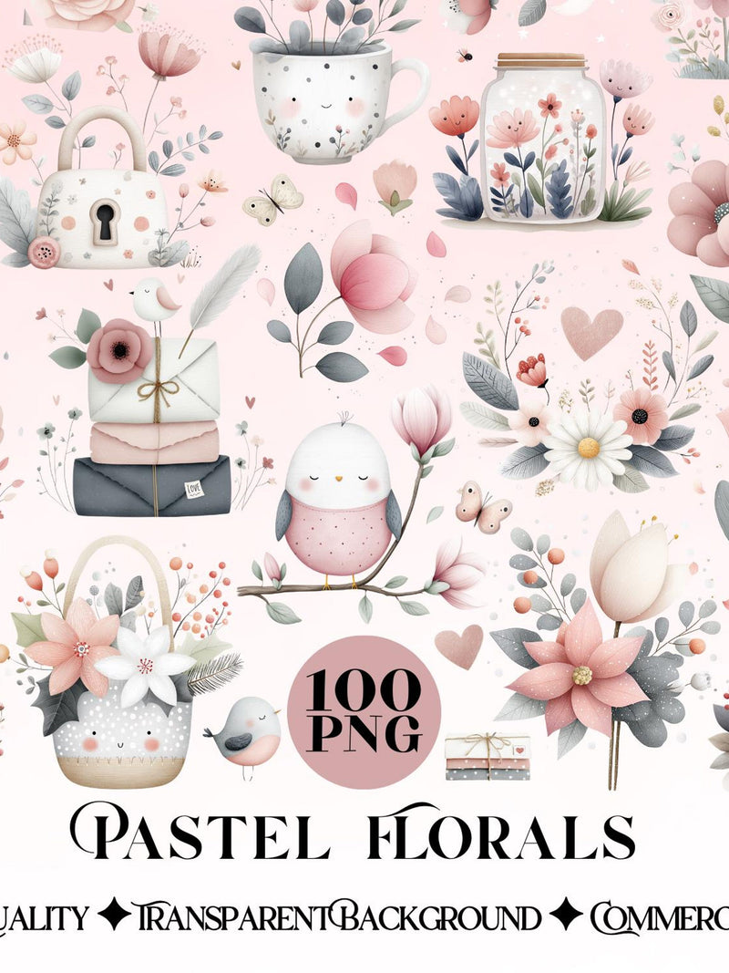 Pastel Floral Clipart Bundle | Cute Spring Flowers PNG | Soft Watercolor Florals | Cottagecore Illustration | Coquette Aesthetic | 100 PNG Love Romance Flower