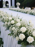 White Rose Flower Runner Babysbreath Garland,Wedding Flower Babysbreath Row,Table Centerpieces,Wedding Arch Arrangement,Party Decor wedding flower
