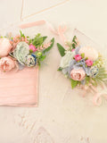 Flower corsage and boutonniere blush Floral buttonhole Wedding wrist corsage Prom Floower boutonniere Pink light blue Pastel floral corsage wedding flower