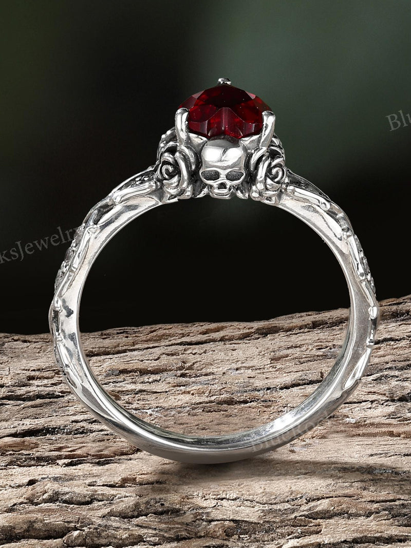 Gothic Heart Ruby Alternative Engagement Ring,Unique Skull Rose Design Ring,Dark Romance Sterling Silver Ring Everyday Wear,Anniversary Gift Love Romance Flower