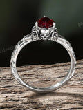 Gothic Heart Ruby Alternative Engagement Ring,Unique Skull Rose Design Ring,Dark Romance Sterling Silver Ring Everyday Wear,Anniversary Gift Love Romance Flower