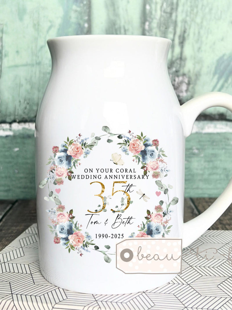 Personalised Coral Wedding Anniversary gift 35th 35 Ruby Silver Golden Diamond Ruby Anniversary gift Floral Ceramic Small Vase Jug Mug ANNIVERSARY