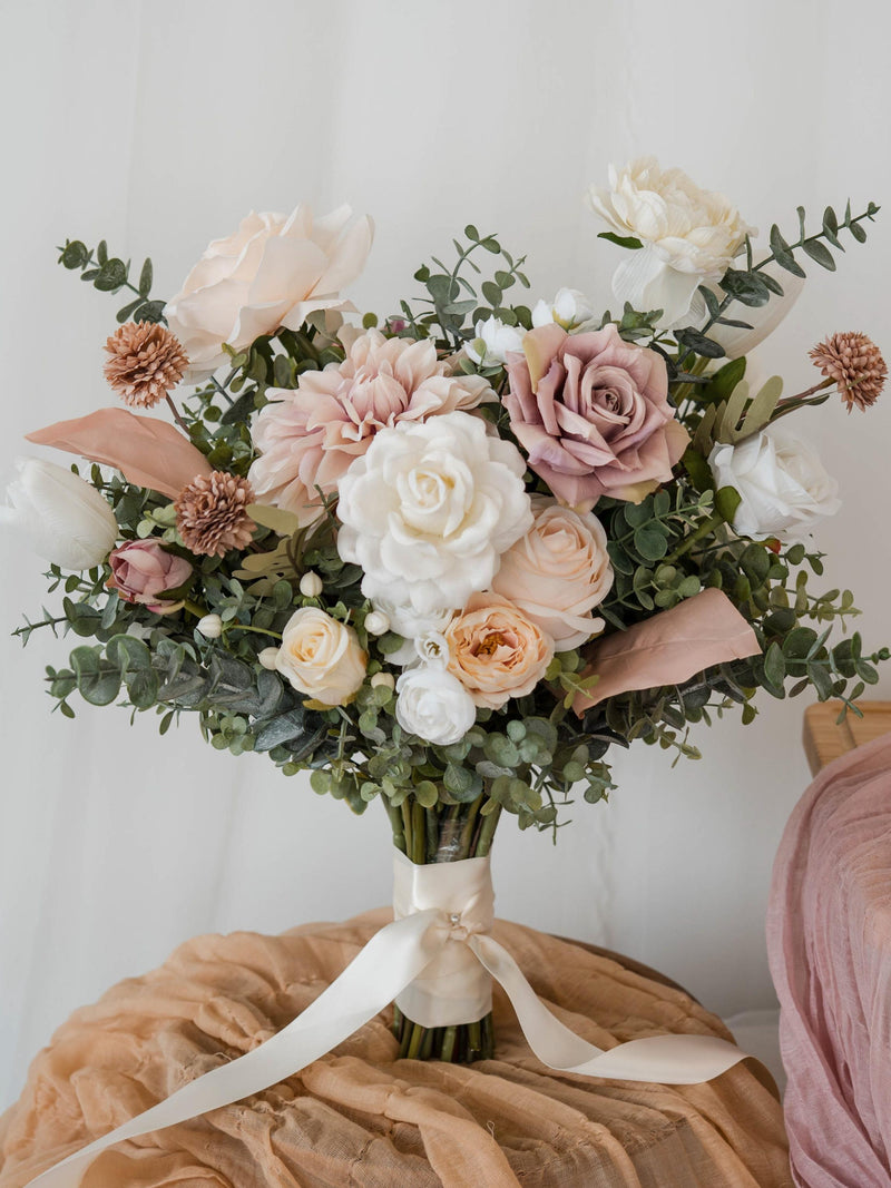 Pearl Dawn  - Blush Dahlias, White Roses & Tulips Artificial Wedding Bridal Bouquet Bouquet
