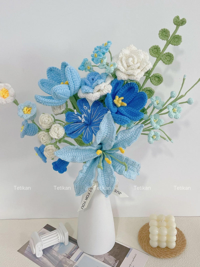 Crochet Blue Lily Bouquet,Rose,Tulip,Daisy,Lily of the valley Bouquet,Forever Flowers,Birthday,Anniversary,Congratulations,Mother's Day Gift Bouquet