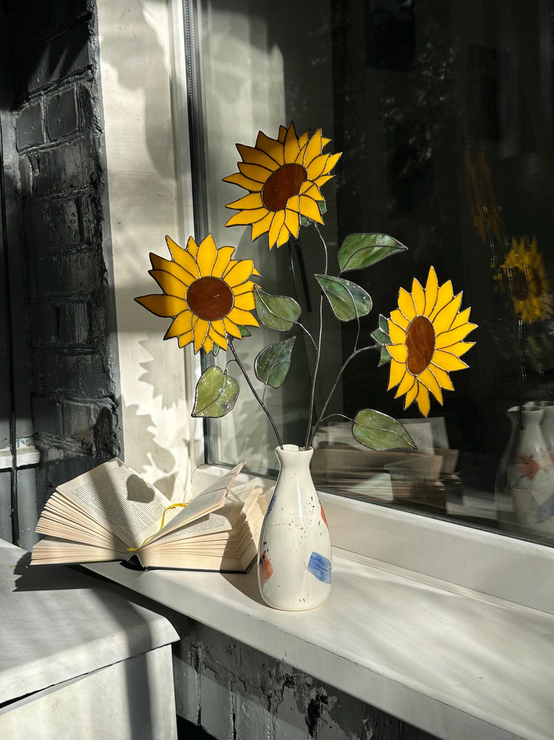 Stained Glass Sunflower Bouquet: Handmade Floral Suncatcher, Forever Flowers Bouquet