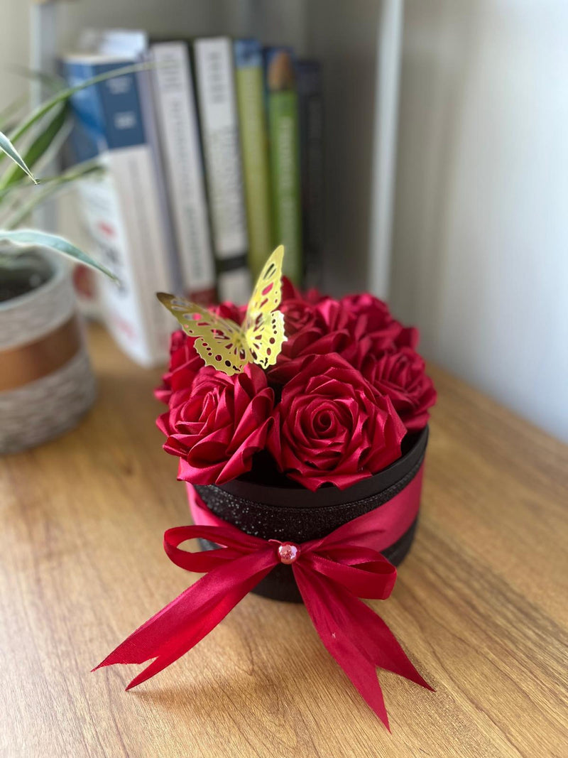 Satin Roses Arrangement in Hat Box | Handmade Elegant Floral Gift for Her FLOWER DELIVERY