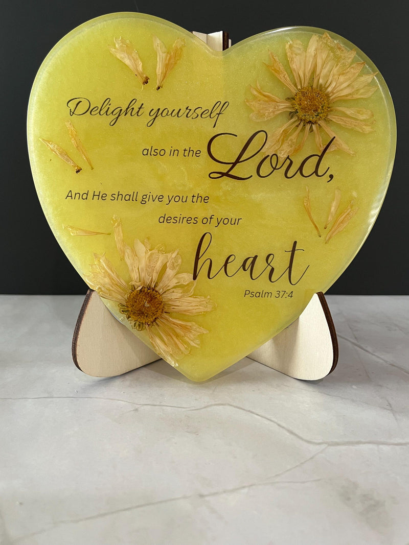 Christian Wall Decor | Psalm 37:4 Resin Heart Plaque | Pressed Flower Bible Verse sympathy flower