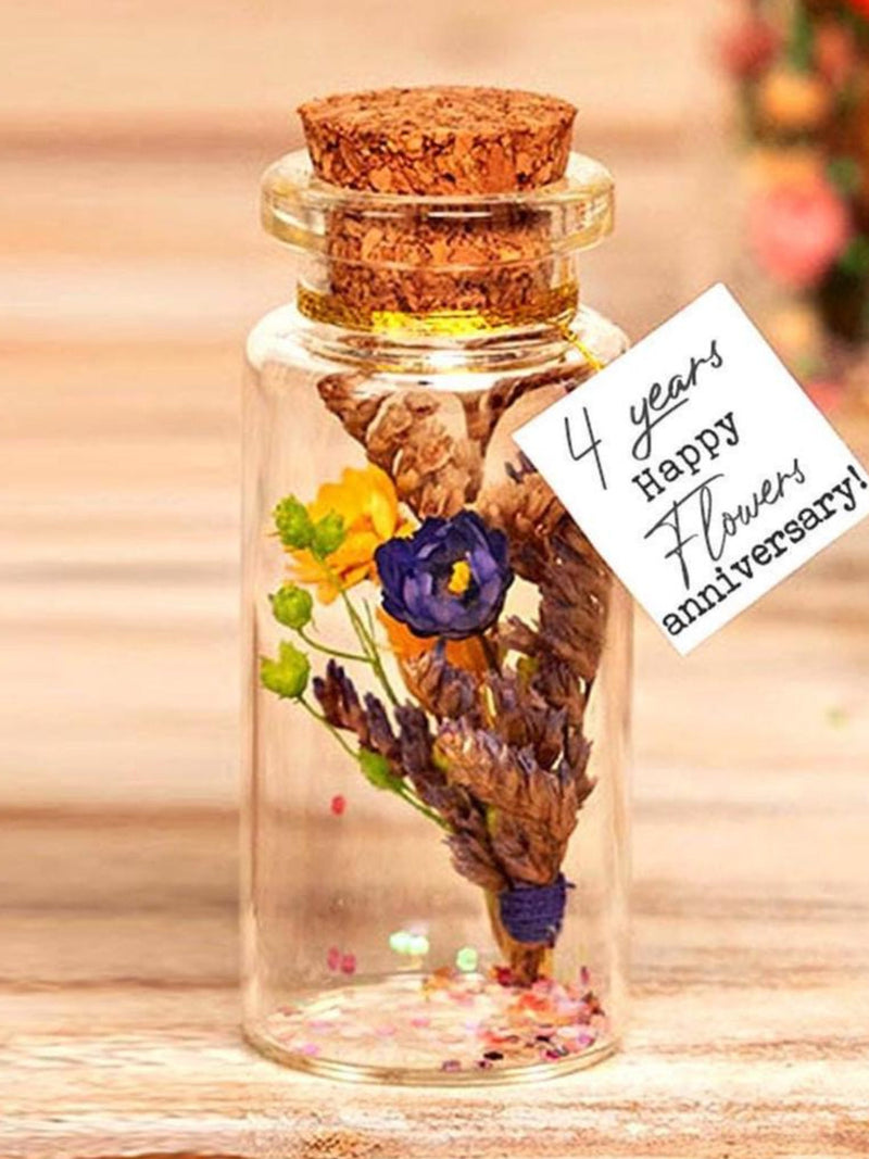 4th Anniversary Gift Miniature Bottle, Dried Flower Bouquet, Custom Portrait, Personalized Keepsake for Wedding or Her, Real Dry Flowers ANNIVERSARY