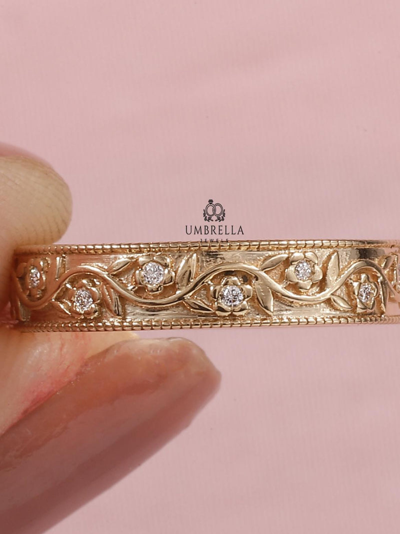 Moissanite Floral wide wedding band, Nature-Inspired Antique Floral Wedding Band, Art Deco band, yellow gold band, Handmade engraved Band. wedding flower