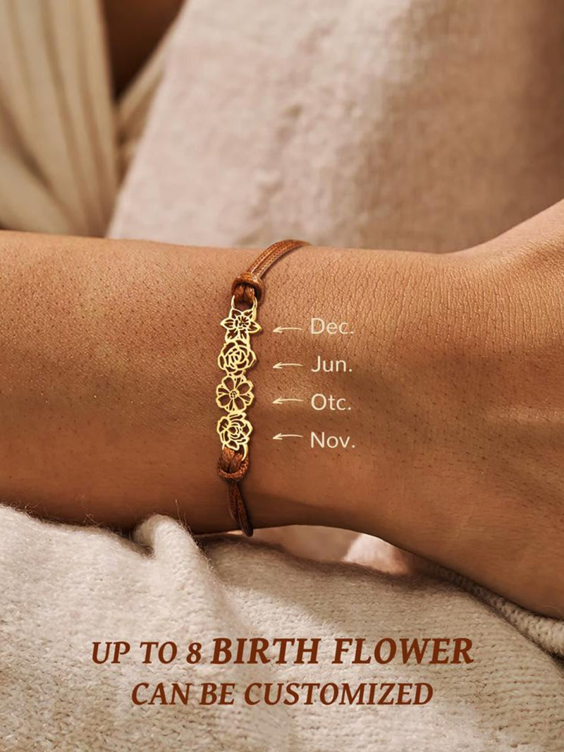 Custom Minimalist Adjustable 1-8 Birth Flowers Bracelet with Leather Rope, Dainty Flower Charms Bracelet, Birthday/Mother's Day Gift for Her birthday flower