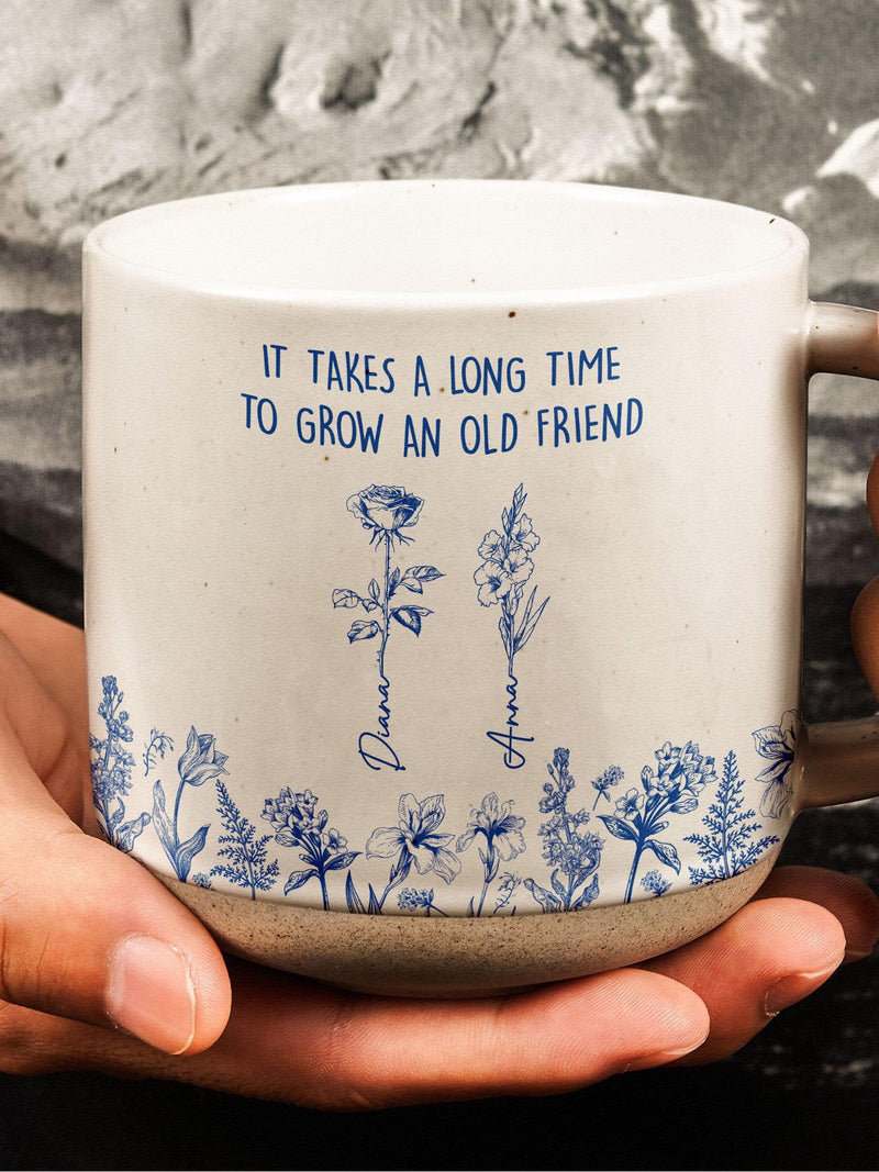 Personalized pottery mug with blue Toile de Jouy flowers and quote, round handle