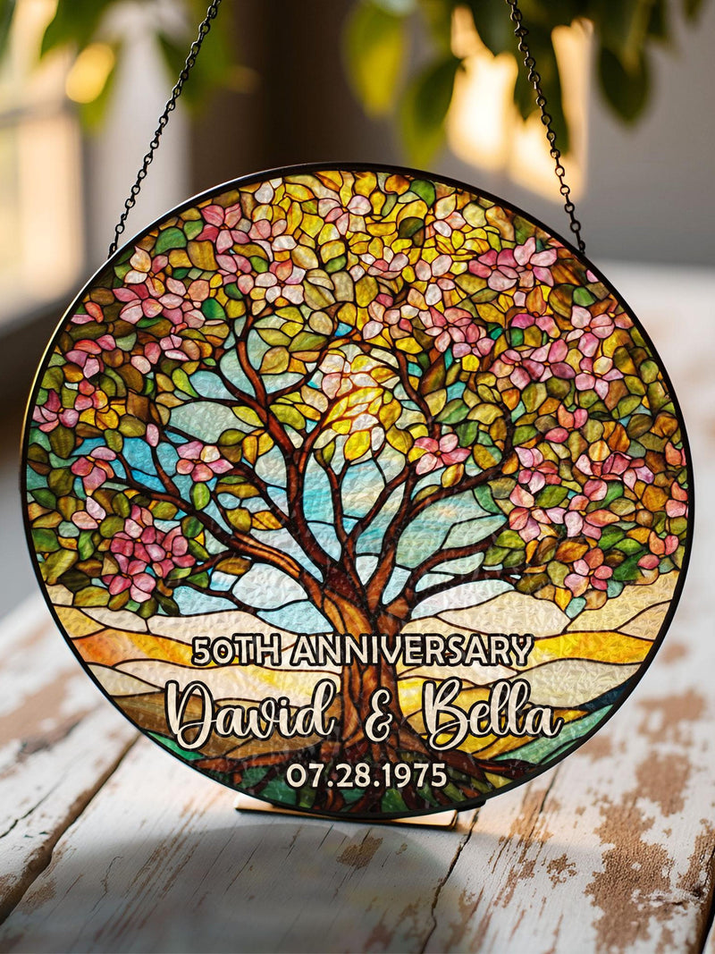 Personalized Tree of Life Anniversary Suncatcher With Name & Date, Custom 50th Wedding Anniversary Stained Glass Gift For Parents ANNIVERSARY