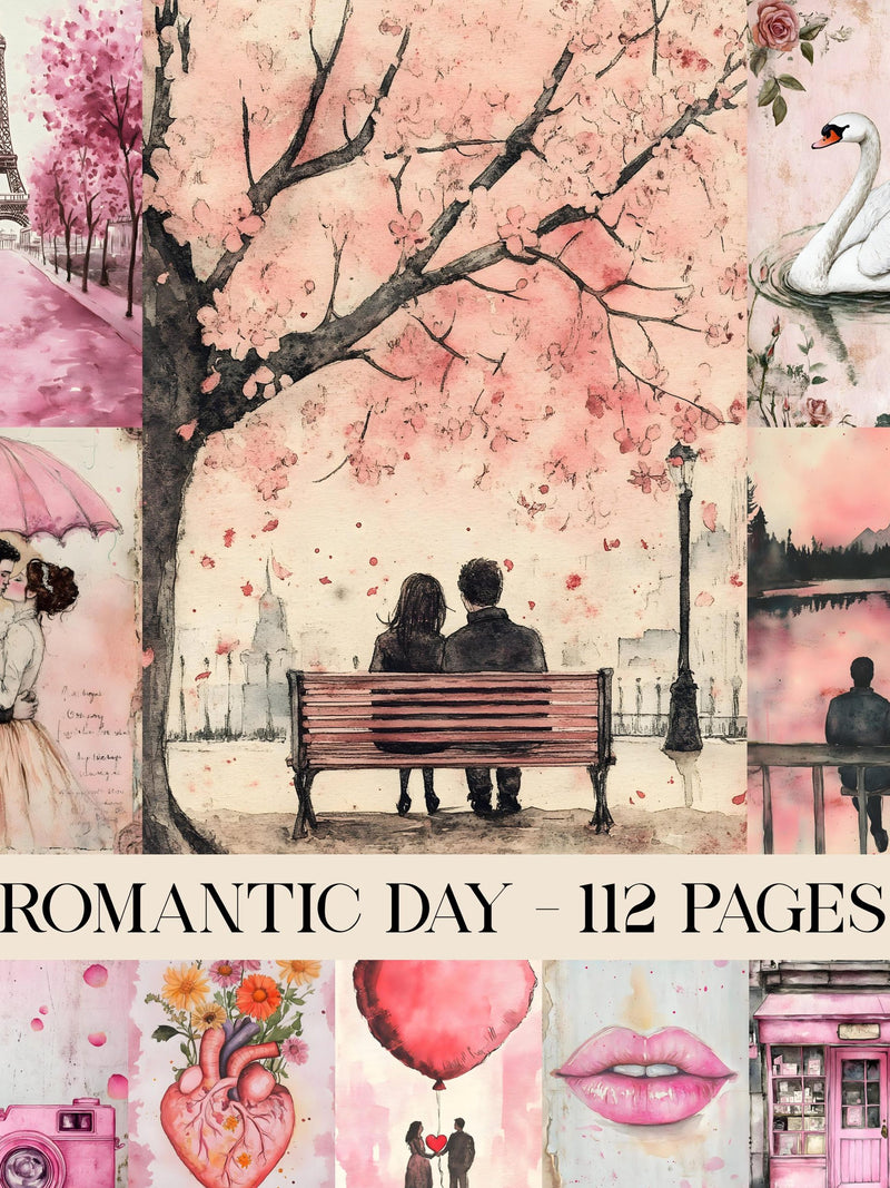 Romantic Day Junk Journal Pages, Digital Paper, Junk Journal Kit, Scrapbook, Memories, Couple, Love, Printable Images, Pink, Digital Journal Love Romance Flower
