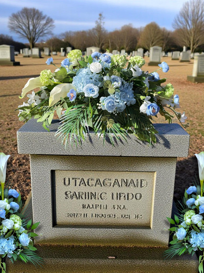 Blue cemetery arrangement, gravestone blue flowers, memorial decoration, cemetery flower vase, artificial flowers for grave, memorial flower FLOWER DELIVERY