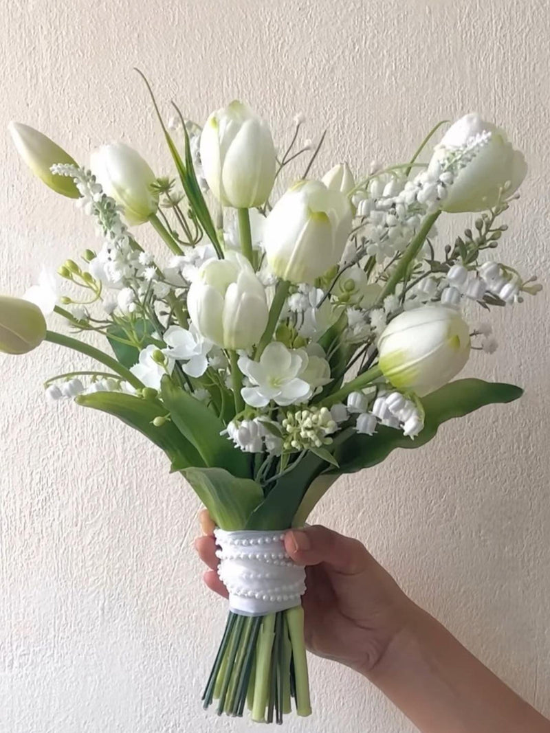 White Tulip & Lily of the Valley Bridal Bouquet WORLDWIDE SHIPPING wedding flower