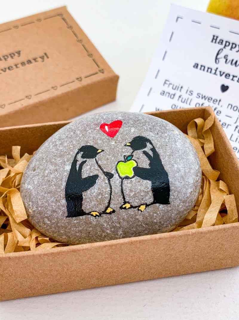 Personalized Fruit anniversary gift for husband wife traditional 4th anniversary card by year unique Hand-painted penguins with apple pebble ANNIVERSARY