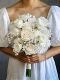 White Roses Wedding Bouquet, Artificial Baby Breath Flowers Bouquet