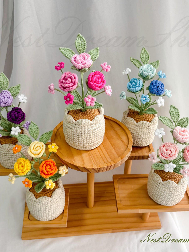 Crochet Flower in Pot, Crochet Rose Potted Plant, Desk Decoration, Room Decoration, Handmade flower, Mother Daughter Gifts,  Gift for her birthday flower