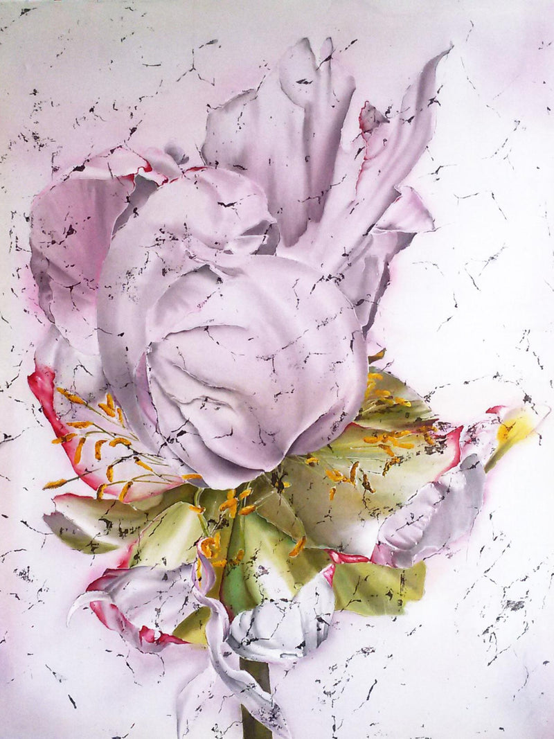 Pink Peony large original silk painting, white floral batik wall hanging silk flower