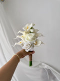 Petite Calla Lily, Tulip & Rose Wedding Bouquet: Rustic White Silk Flower Artificial Bouquet