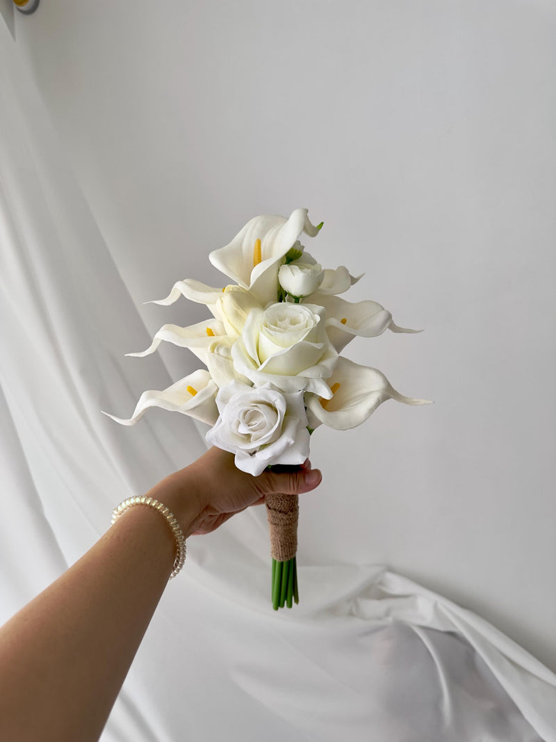 Petite Calla Lily, Tulip & Rose Wedding Bouquet: Rustic White Silk Flower Artificial silk flower