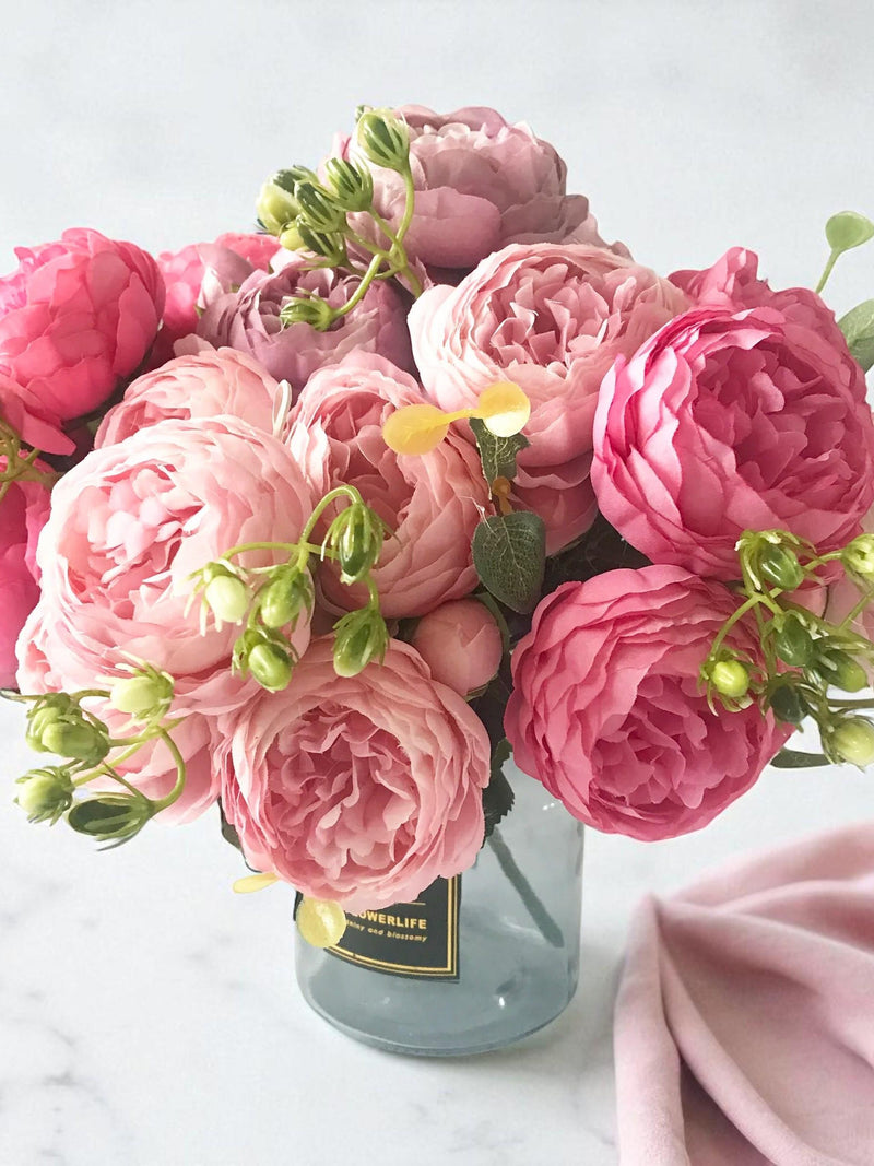 30cm Artificial Flowers with 5 Big Heads and 4 Buds Rose Pink Peony Silk Bouquet Faux Wedding Bouquet Home Indoor Table Centerpieces Decor FLOWER DELIVERY