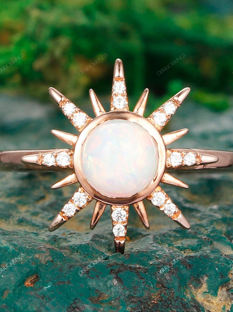 Vintage Round Shaped Opal Anniversary Ring Unique Gemstone Bridal Wedding Ring Delicate Sun Shaped Wedding Ring Handmade Rings For Women ANNIVERSARY