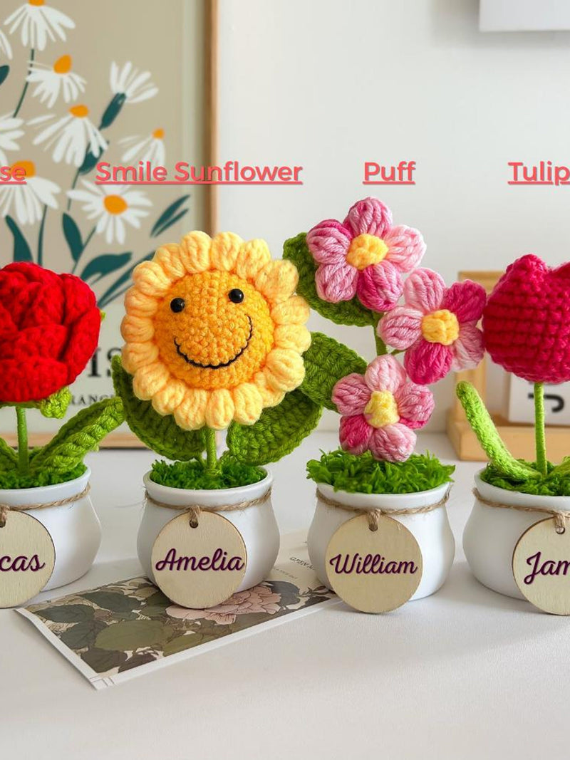 Personalized Crochet Birth Flower With Name - Crochet Sunflower/Rose/Tulip with Custom Name Tags,  Crochet flower for Her, Mothers Day birthday flower