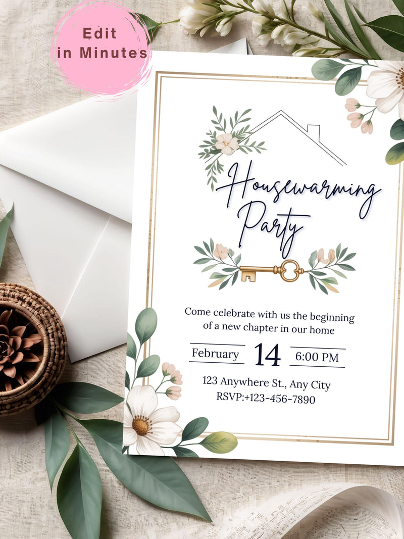Editable Housewarming Invitation, Housewarming Party Invite, Modern Minimalistic, Home Sweet Home, New Home Card, Printable Template house warming flower
