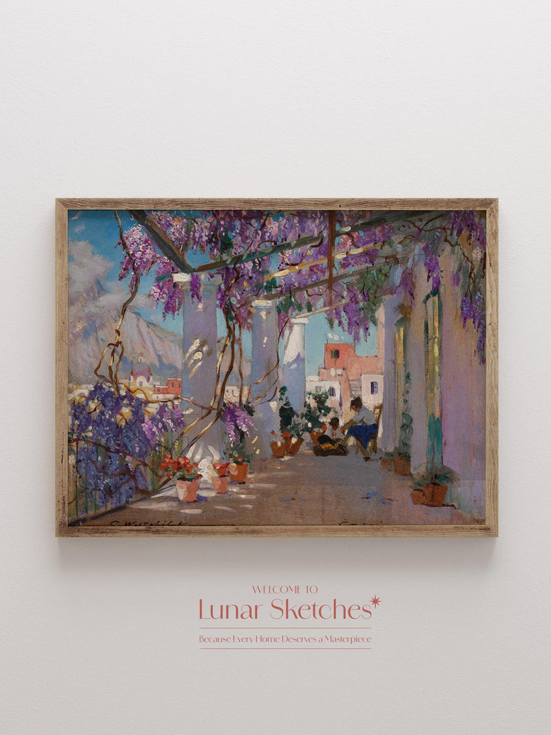 Purple Floral Coastal Print Mediterranean Still Life Tuscan Wall Art Summer Beach House Printable Landscape Painting Farmhouse Home Decor house warming flower