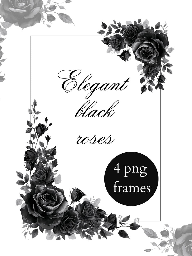 Gothic Black Roses Frame Clipart, Watercolor Dark Floral Border, Wedding Stationery Love Romance Flower