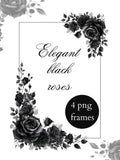 Gothic Black Roses Frame Clipart, Watercolor Dark Floral Border, Wedding Stationery Love Romance Flower