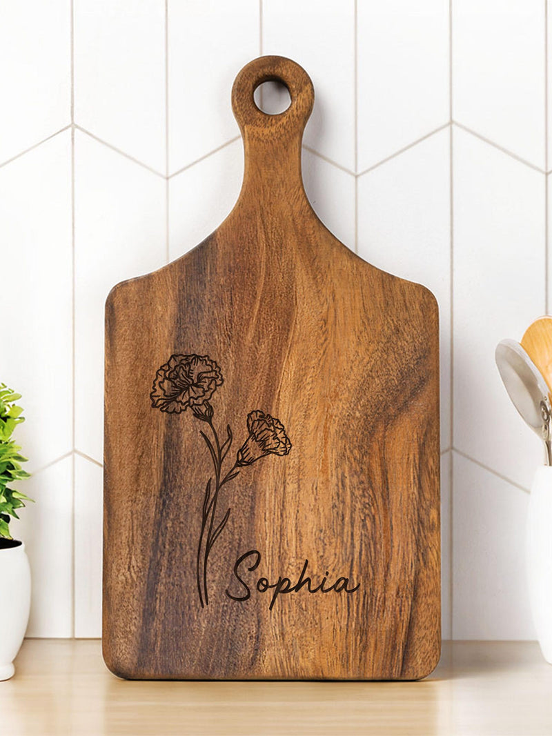 Personalized Birth Flower Wood Reversible Cheese Charcuterie Cutting Board with Grip and Name Made in USA Wedding Housewarming Gift house warming flower