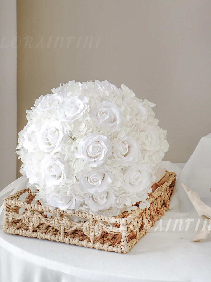 Preserved White Rose & Hydrangea Bridal Bouquet: Handmade Pearl Beaded Wedding Flowers Bouquet