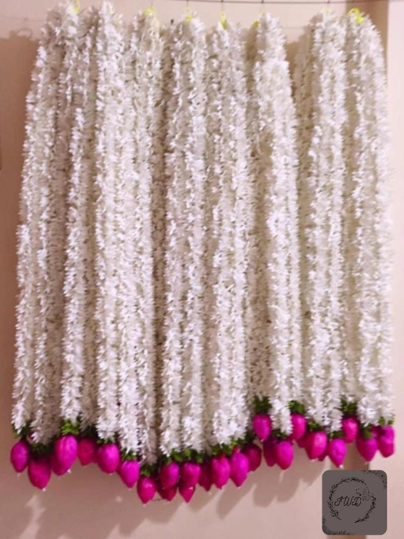 10 Pcs White Jasmine Garland with Lotus Buds, Indian Wedding Decor, 4 Feet house warming flower