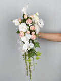 White & Dusty Pink Silk Bouquet: Cascading Wedding Flowers, Made with Anthurium, Orchids, Calla Lily, Ranunculus wedding flower