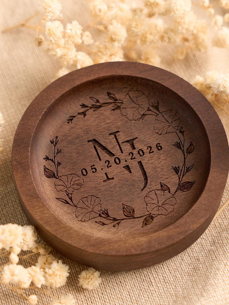 Personalized Walnut Wooden Ring Dish, Wedding Month Flower Ring Holder, ValentineÕs Day Gift, Wedding, Engagement, Anniversary Gift for Her ANNIVERSARY