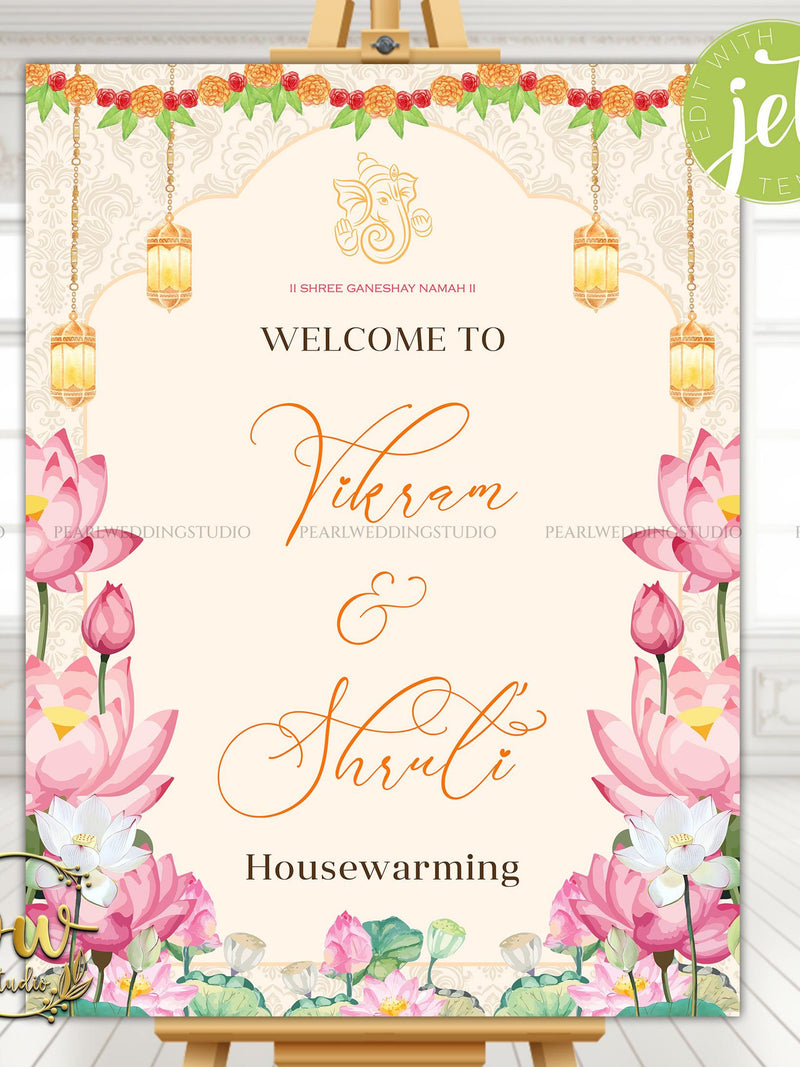 Housewarming welcome sign with pink flowers, golden lanterns, and elegant orange script text