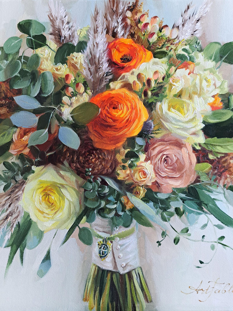 Bridal bouquet painting from photo, Wedding colorful flowers portrait oil painting original canvas art, Anniversary personalized gift sister wedding flower