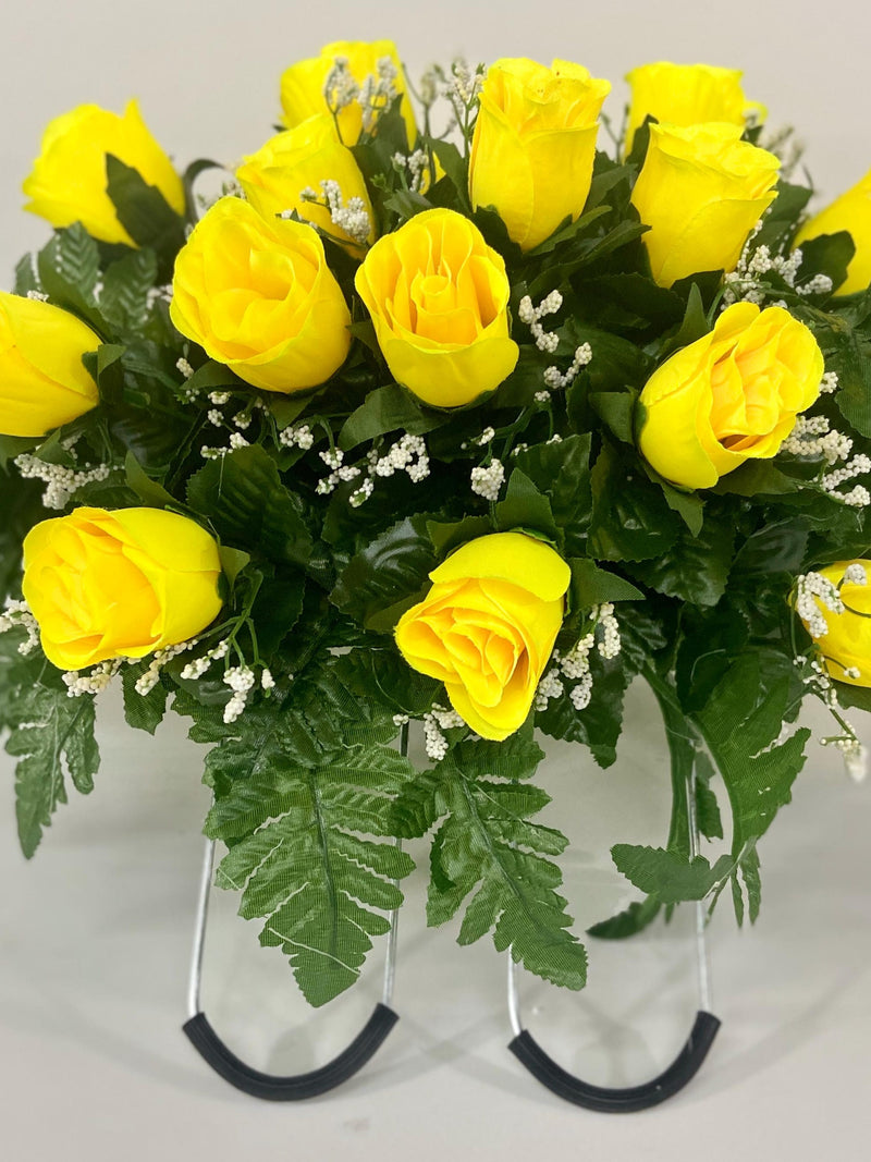 Small Yellow Rose, Baby's Breath Flowers Cemetery Headstone Saddle Arrangement, Sympathy Flowers, Mother's Day, Summer sympathy flower