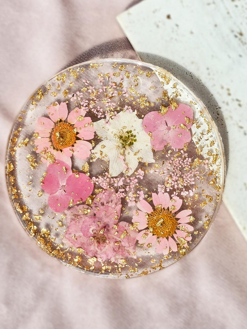 Handmade Resin Flower Coaster with Real Pressed Flowers & Gold Foil, Colorful Floral Drink Coaster, Unique Gift for Her, Home Decor ANNIVERSARY