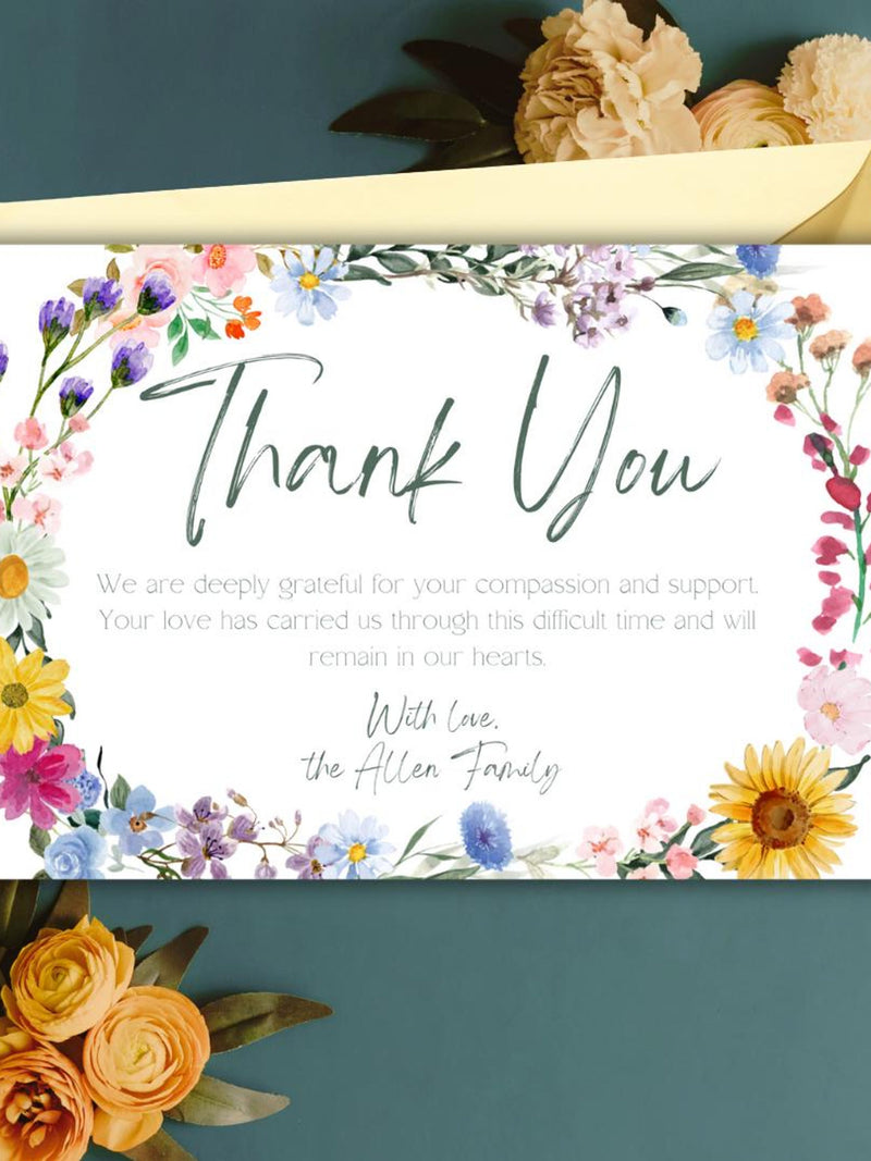 Wildflower Memorial Thank You Card Bundle Floral Funeral Celebration of Life Editable Flat Folded 4x6 Square 5x5 6x6 Text Options 6 in 1 Set sympathy flower