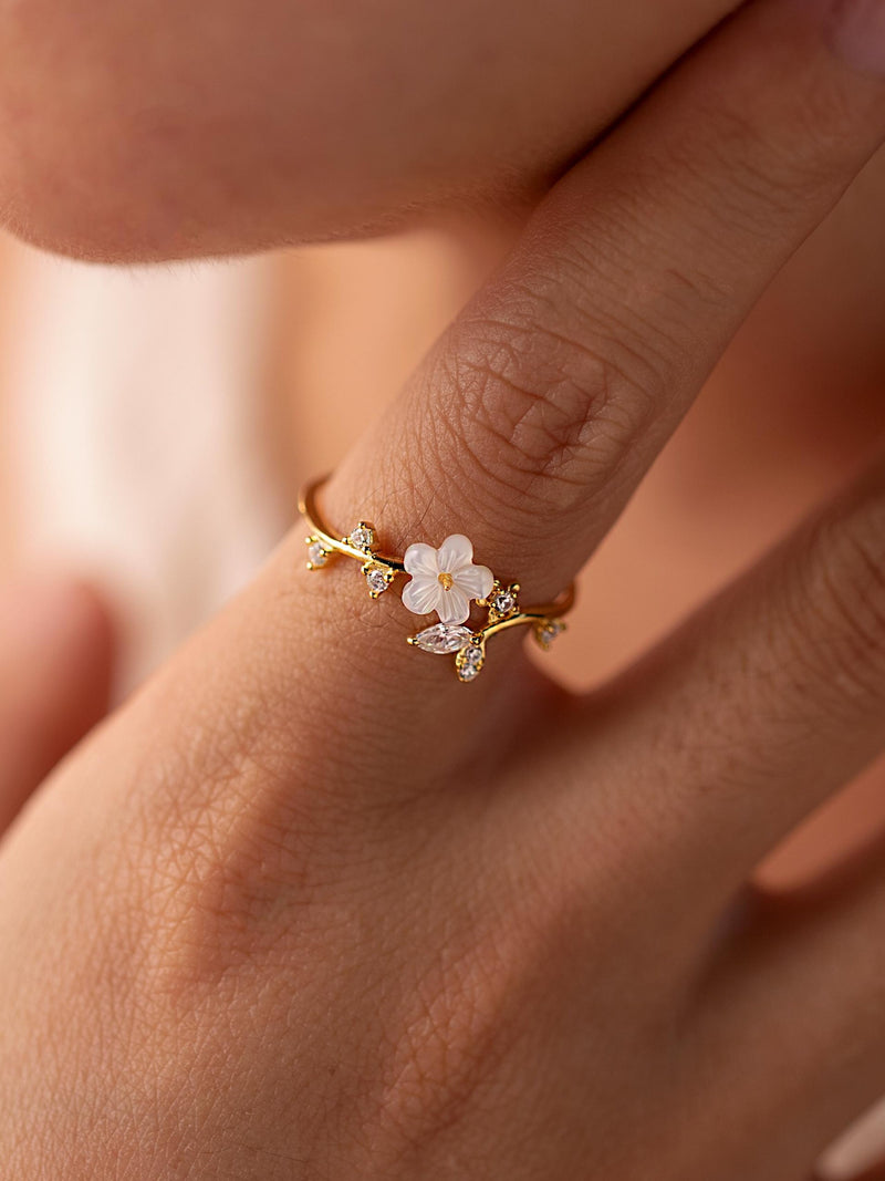 Birth Flower Ring, Mother of Pearl Sakura Rings, Adjustable Delicate Rings, Personalized Gift, Christmas Gifts, Birthday Anniversary Jewelry birthday flower