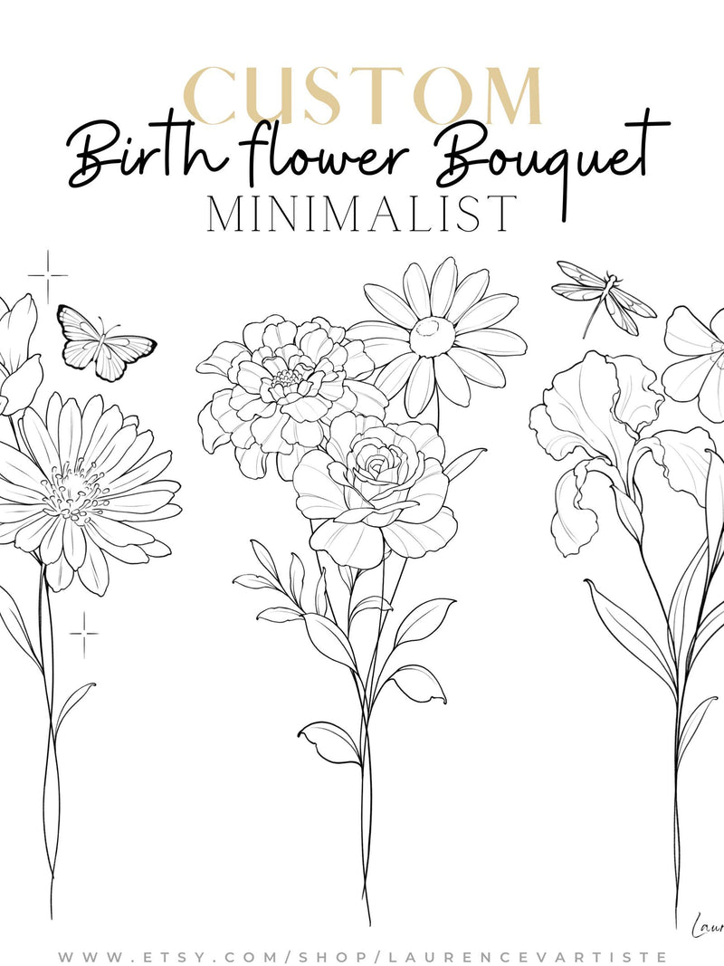 Custom Birth Month Flower Bouquet | Line Art Tattoo | Personalized Family Kids Grandma Birth Flowers | Gift for Mom Dad | DIGITAL DESIGN ANNIVERSARY